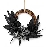 Artilady Halloween Wreaths for Front Door Gothic Black Rose Bow Porch Decor | Artificial Willow Leaves and Floral, Rustic Boho Rattan Twig, Farmhouse Door Wreath Garland, Entryway Window Home Decor Gift