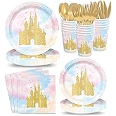 168pcs Princess Party Decorations Castle Paper Plates Napkins Disposable Tableware Set Paper Cups Watercolor Pastel Rainbow Princess Castle Birthday Party Supplies Serves 24