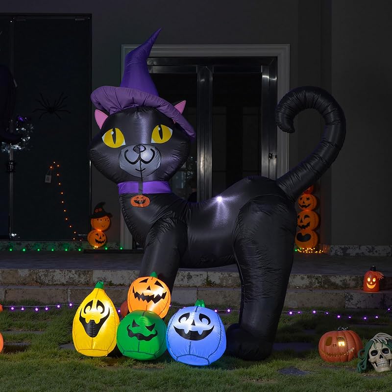 180CM Black Katze Halloween Aufblasbare Dekoration – Aufblasbare Zaubererkatze Gartendeko mit integrierten LED Leuchten – Blow Up Halloween Decoration Outdoor für Rasen Garten Party — Foto 8 von 8