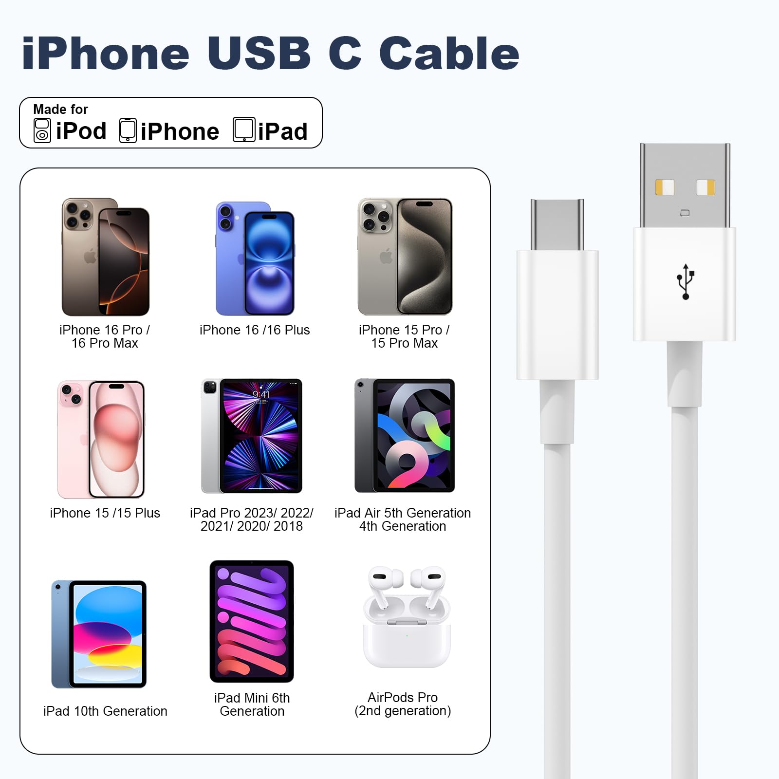 Car Carplay Cable for iPhone 16 15 Pro Max 16 Plus, 3FT USB A to USB C Cord for iPad 10th Gen Pro Air 5th 4th Mini 6th Gen, Car Charging Cable