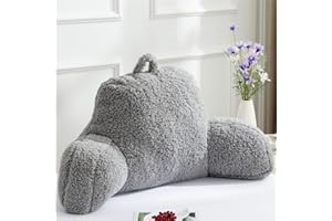 Btargot Sherpa Reading Pillow Bed Wedge Backrest Lounge Cushion with Arms | Back Support for Sitting Up in Bed Grey
