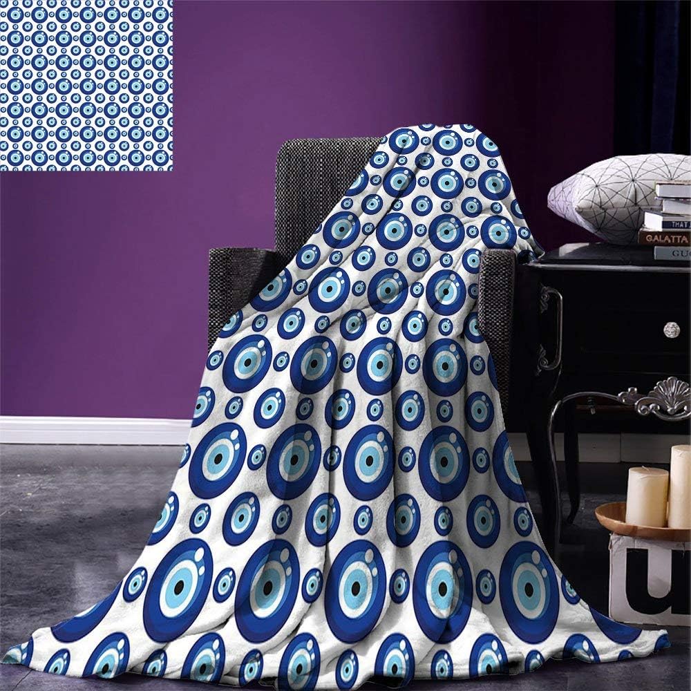 YYUTR Evil Eye Custom Design Cozy Flannel Blanket Symmetrical Pattern All Seeing Eye Figures Superstitious Turkish Ethnic Lightweight Blanket Extra Big Blue Pale Blue White 48x60IN