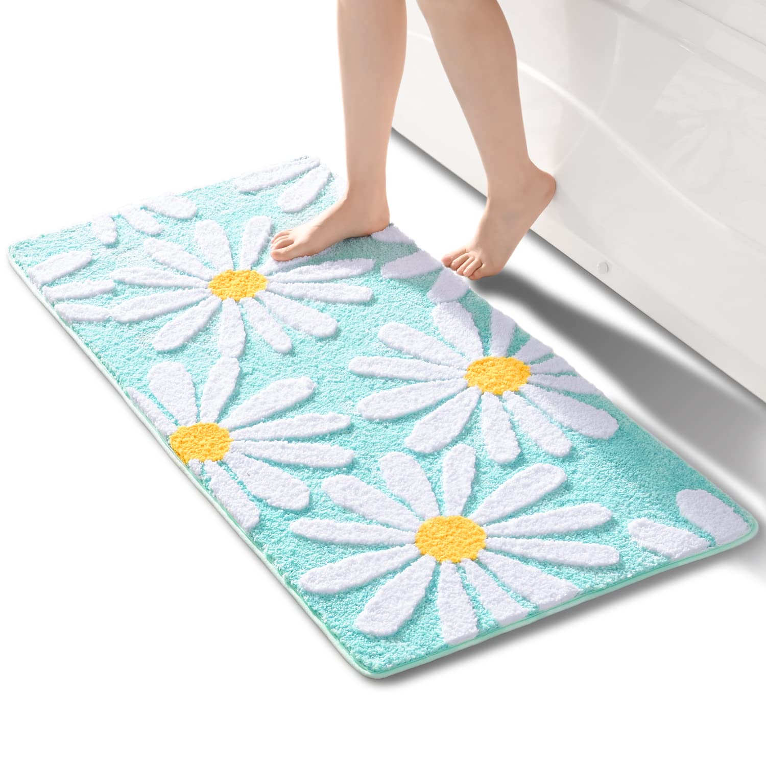 QJHOMO Green Bathroom Rug Cute Daisy Bath Mat White and Yellow Flower Decor Rugs Non Slip Floor Carpet Microfiber Bathmat Super Absorbent Machine Washable Bathtub Mats for Shower (24x48 inch)