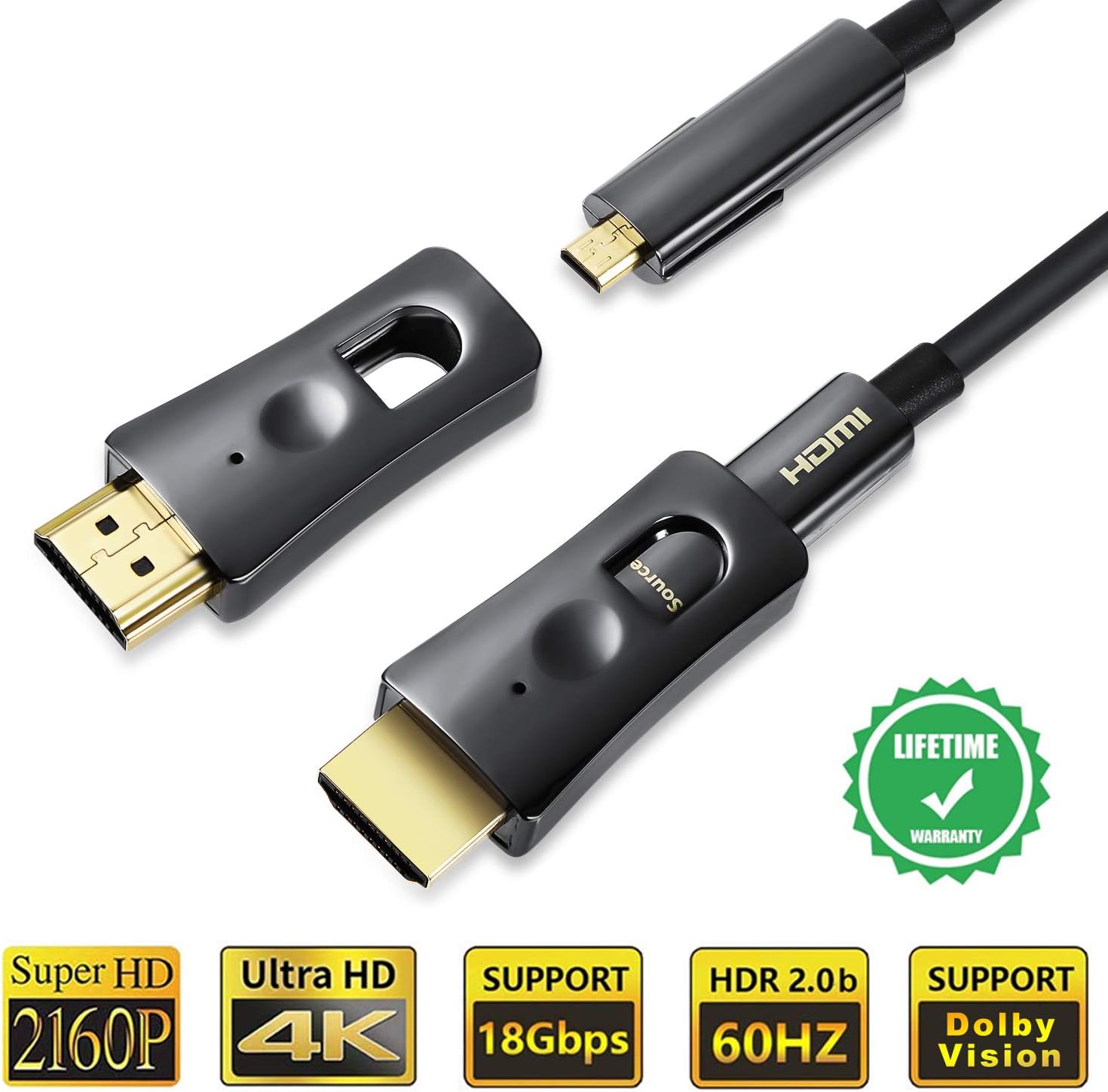 Fiber Optic HDMI 2.0 4K Cable,50ft HDR Dual Micro HDMI Male