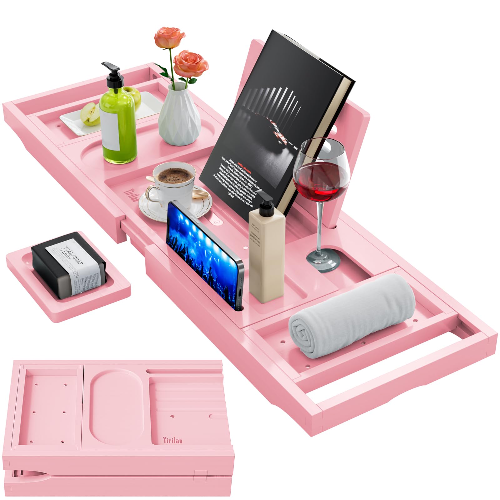 Photo 1 of Yirilan Premium Bathtub Tray Caddy - Expandable Bath Tray - Unique House Warming Gifts, New Home, Anniversary & Wedding Gifts for Couple, Bridal Shower Gift for Women-Pink