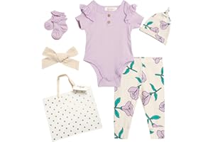 Jessica Simpson Baby Girl Layette Set - 4 Piece Newborn Baby Girl Outfits with Onesie Bodysuit Baby Pants Hat & Socks (0-9M)