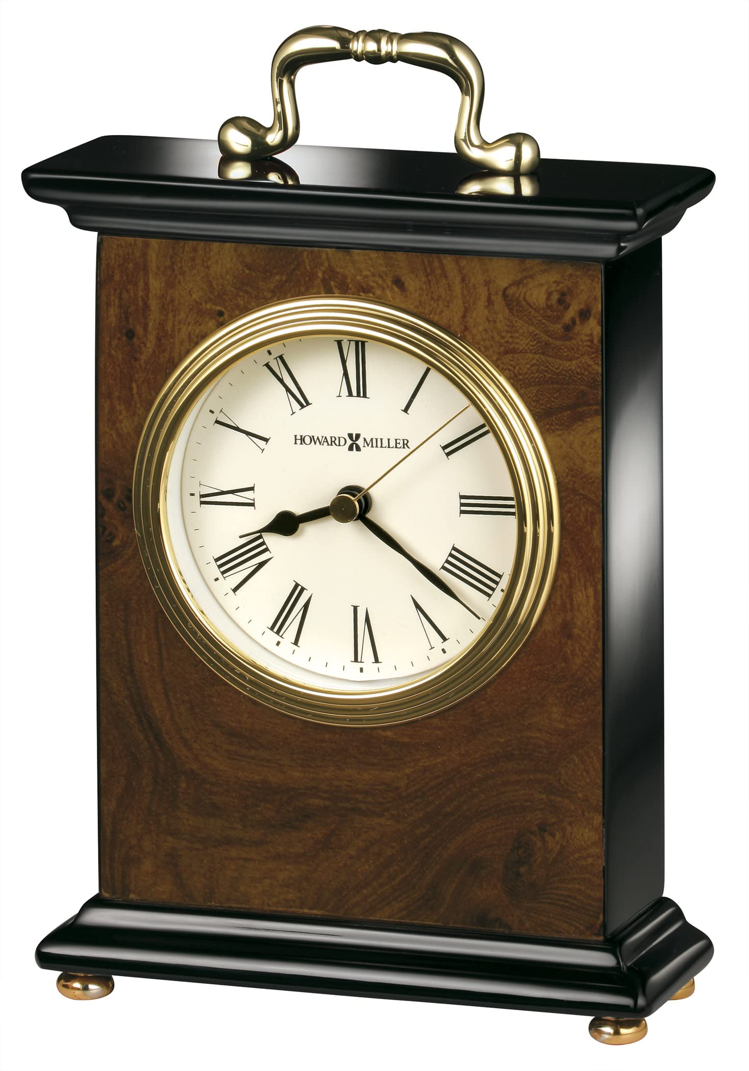 Howard Miller Berkeley Table Clock 645-577 – Walnut Piano Finish with Burl Pattern, Black Roman Numerals, Polished Brass Handle, Battery-Operated Quartz Movement