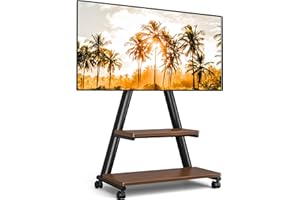 TVON Rolling TV Stand for 43-80" TV, Portable TV Stand on Wheels with Enhanced Triangular Design up to 150lbs, Height Adjustable Mobile TV Stand with Swivel/Tilt/Storage Shelves for Outdoor Use, Brown