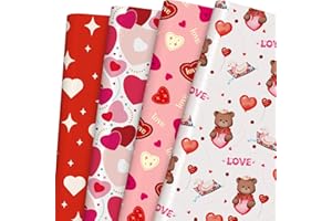LOADSFUN Valentine's Day Wrapping Paper Sheet - Colorful Heart and Bear Wrapping Tissue Paper for Wedding, Birthday, Anniversary, Gift Packing- 8 Sheets, 27.5 x 19.7 Inch Per Sheet