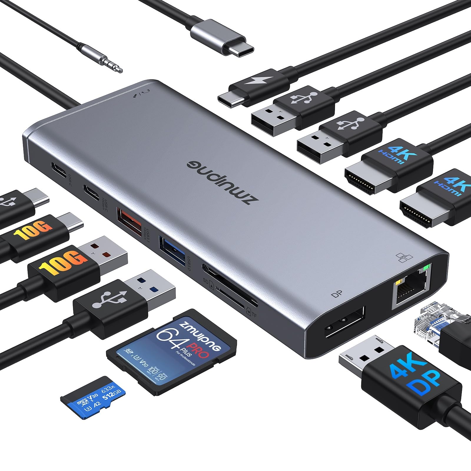 USB C Docking Station Dual Monitor 2 HDMI, Laptop Docking Station USB C Hub to Dual HDMI, Displayport, Ethernet, 10Gb USB-C, 4 USB, PD, SD/TF for Dell,Hp,Surface