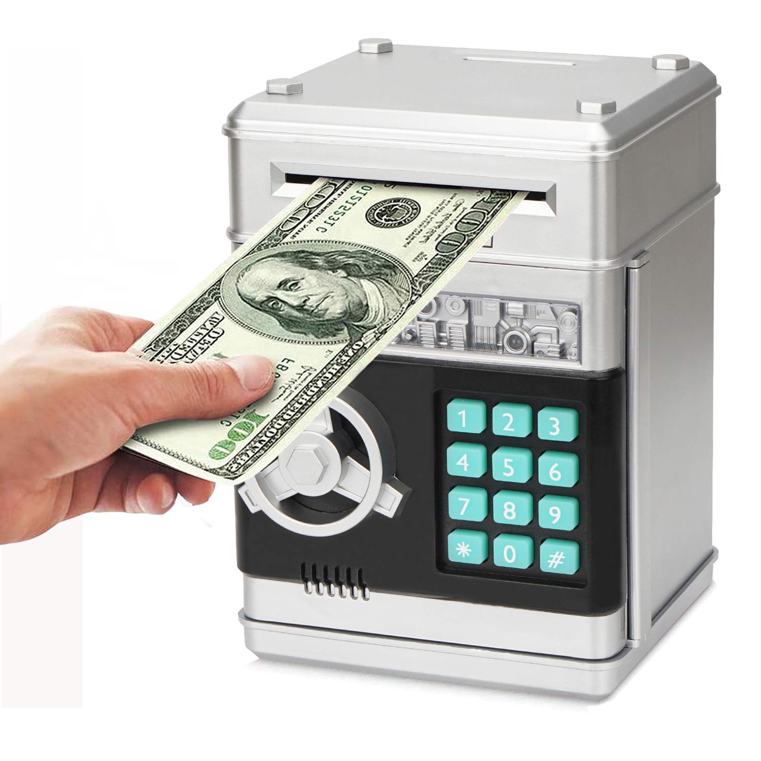 Revanom Electronic Piggy Bank, Mini ATM Password Money Bank Cash Coins Saving Box for Kids, Cartoon Safe Bank Box Perfect Toy Gifts for Boys Girls (Silvery)
