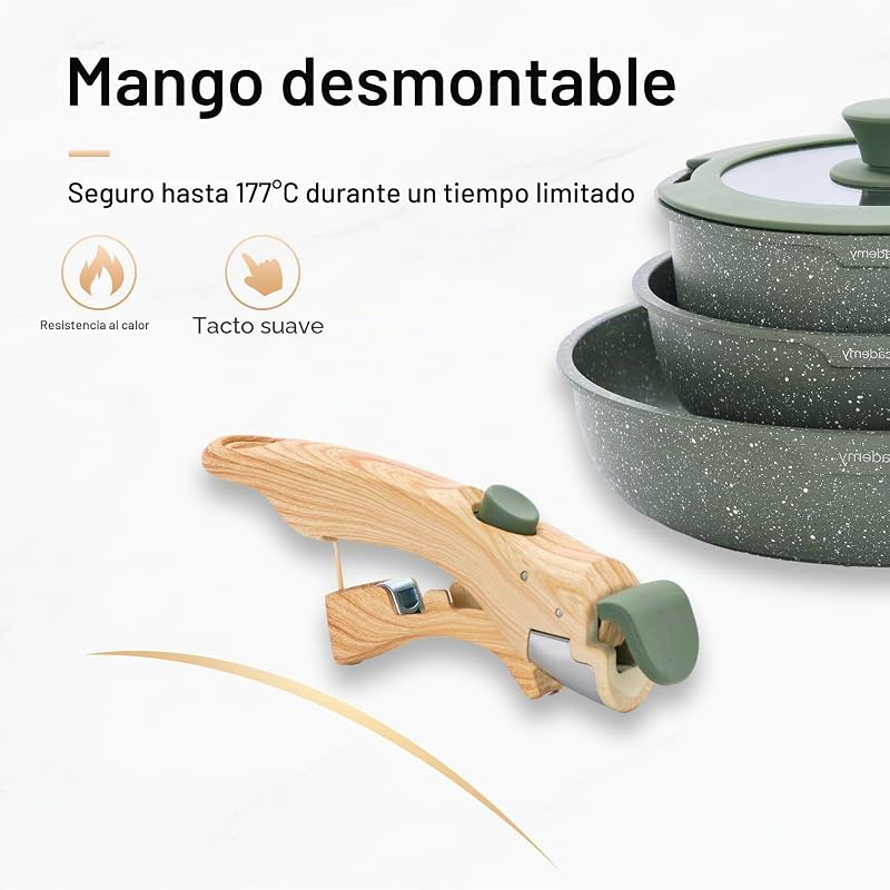 Juego de Sartenes Antiadherente 10 piezas con Mango Desmontable Verde
