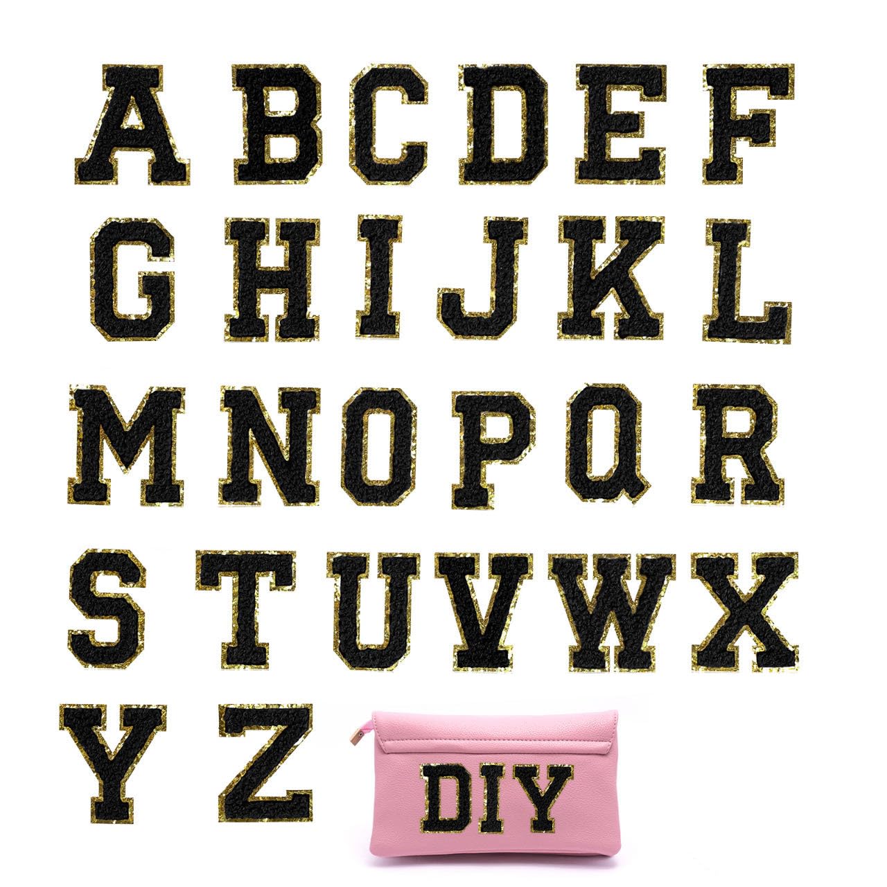 Photo 1 of 26 Piece Self Adhesive Chenille Letter Patches Varsity Letter Patches A-Z Glitter Iron on Alphabet Patches for Clothing Jeans Backpacks Hat DIY Supplies (Black)