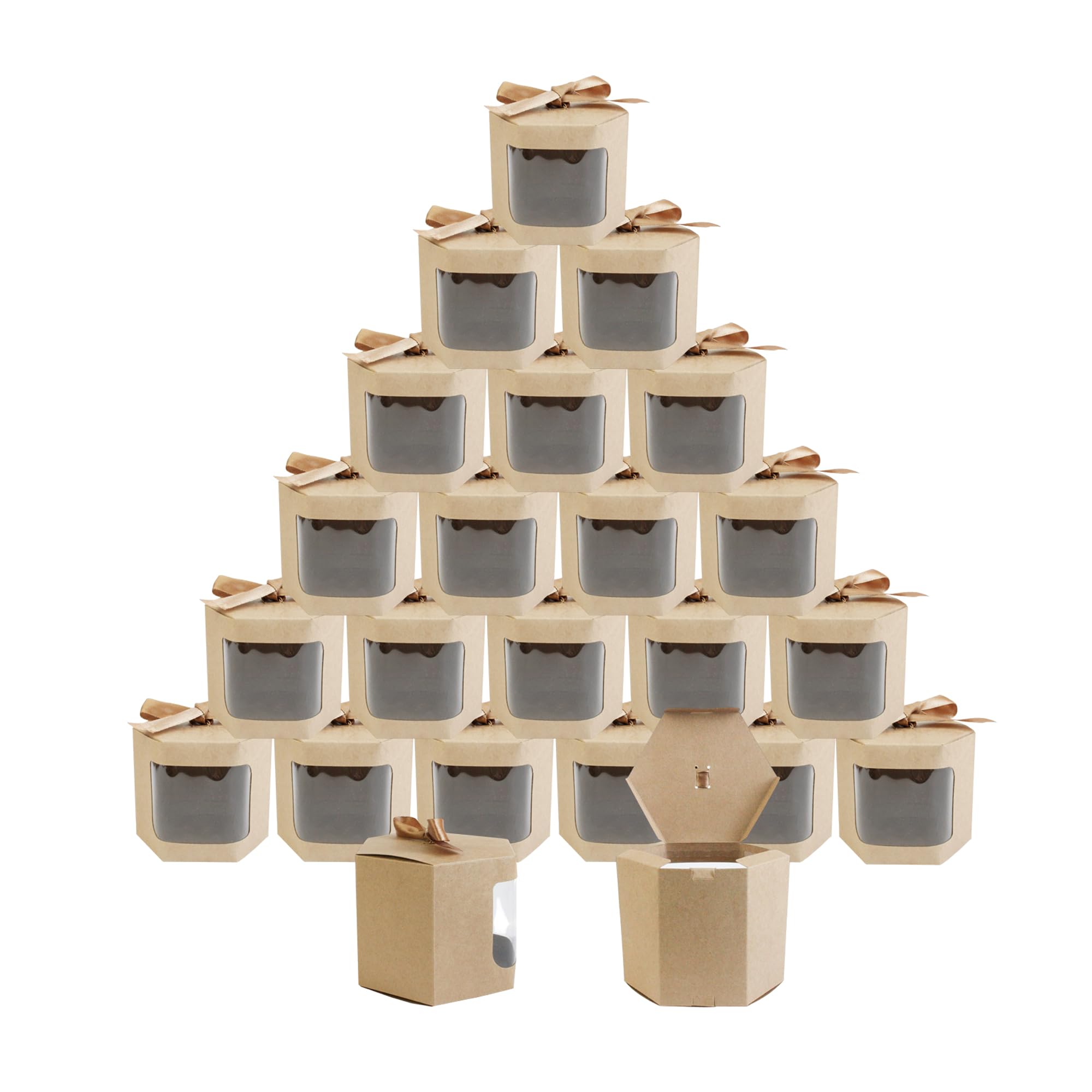 Emartbuy Strong Paper Stand Up Hexagon Gift Bag, 13 cm x 13 cm x 14 cm, Brown Kraft Bag Cupcakes Cookies Muffin Pie Box with Clear Window and Ribbon - Pack of 24