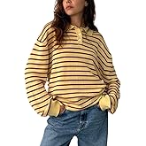 Women Polo Collar Striped Long Sleeve Sweater Y2k Long Sleeve Vintage Stripped Knit Oversized Sweatshirt Shirts