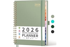 RETTACY 2026 Planner, Weekly and Monthly, Large Size (8.5" x 11"), Jan - Dec 2026, Agenda, Calendar, 12 Month Tabs, Flexible Plastic Cover, 100 GSM Thick Paper, Spiral-bound (Light Green)