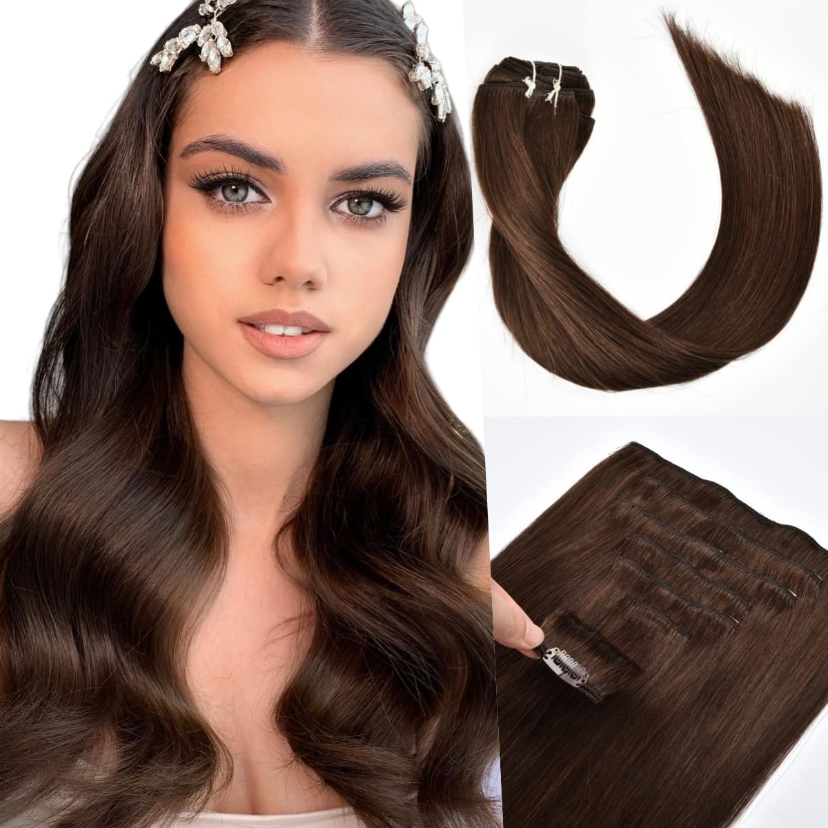 Hair Extensions Clip in 7PCS Dark Brown 18Inch Hair Extension Long Straight Full Head Clip in Hair Extension Virgin Human Hair Pieces for Women