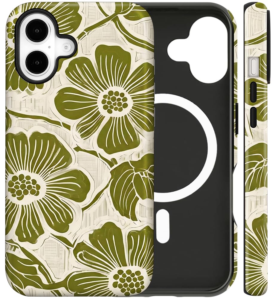 flewfun Magnetic for iPhone 16 Case Cute Green Floral Flowers Phone Case, Shockproof Slim TPU and Hard PC Protective Phone Cover Compatible with MagSafe Designed for Women Girls