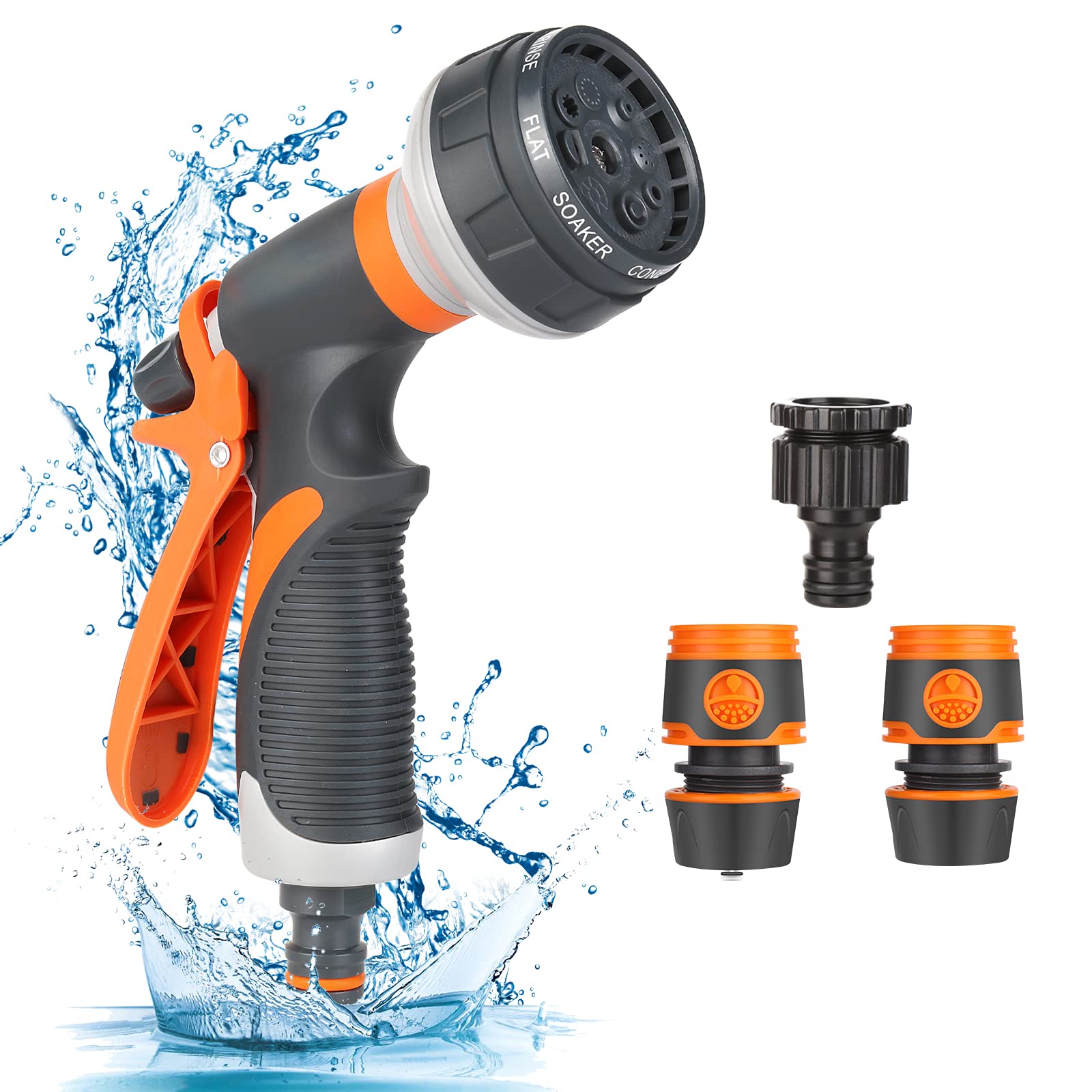 Garden shower, garden hand shower, 8 watering patterns, multifunctional garden sprayer high pressure hand sprayer with 3 connectors for garden irrigation, car washing, pet showers