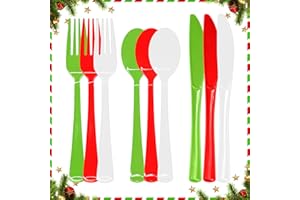 JOY AKKESS 153 Pcs Christmas Plastic Silverware Heavy Duty Disposable Tableware Sets Includes Spoons Forks Knives for Grinch Party Decorations, Christmas (Red, Bright Green, White)