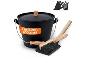 KEFIY Small Ash Bucket with Lid and Shovel, Metal Fireplace Ash Bucket with Broom, Complete Fireplace Tools Set for Wood Stove and Fireplace, Black