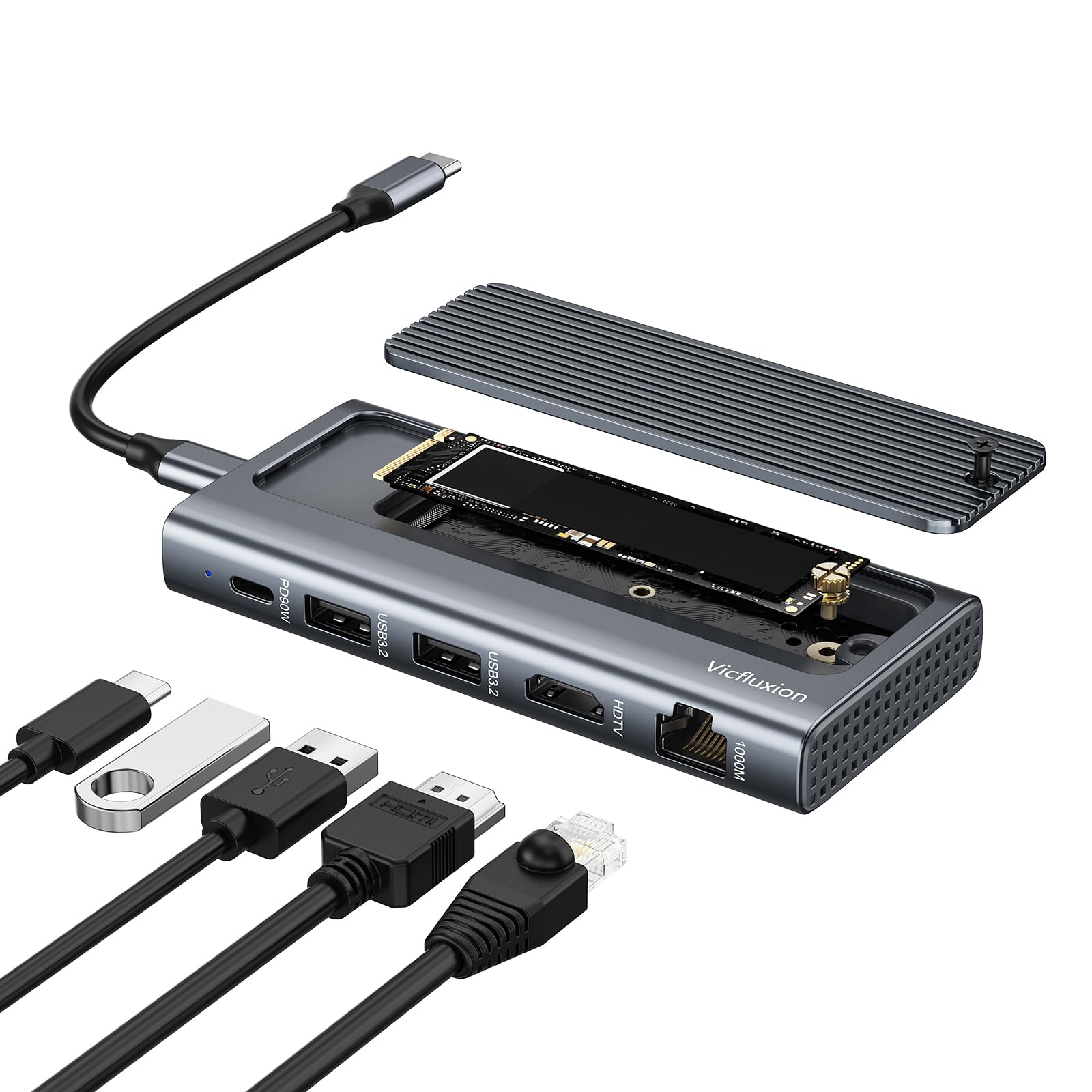 Photo 1 of Vicfluxion 6 in 1 USB C Hub with M.2 NVMe/SATA SSD Enclosure, 4K@60Hz HDMI, USB C SSD Enclosure 10Gbps,90W PD, Gigabit Ethernet, Aluminum Alloy Build for MacBook, Laptops, Gaming,Office Use