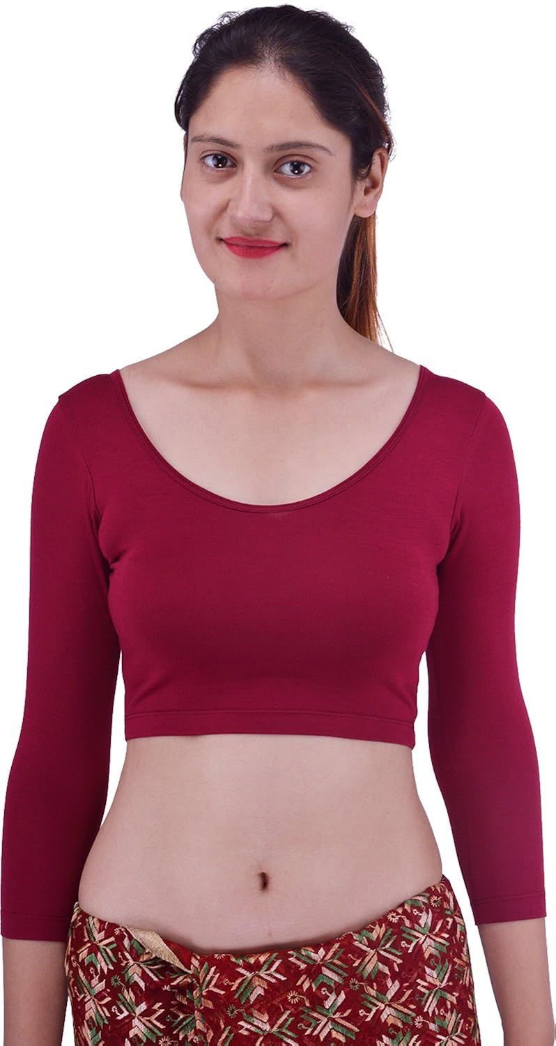 shyie lycra garnet maroon strechable women's 3/4 elbow sleeve high back saree blouse