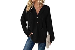 WNEEDU Womens Long Sleeve Tops Waffle Knit Hoodies Drawstring Button V Neck Casual Sweatshirt 2025 New Pullover