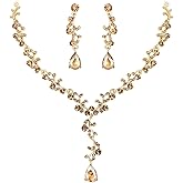 EleQueen Austrian Crystal Necklace Earrings Bridal Jewerly Set for Brides Wedding Party Dress Costume Accessories for Women Iridescent AB Silver-Tone