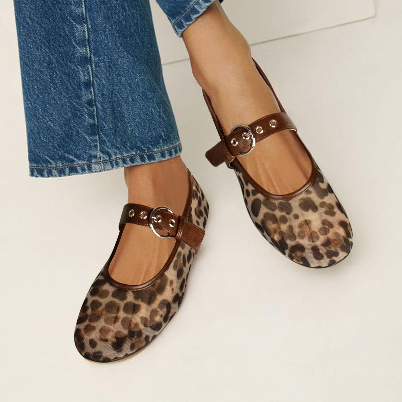 Gothictor Leopard Flats for Women Mesh Flats Ballet Flats Mary Jane Flats Women's Dress Shoes Ballet Shoes