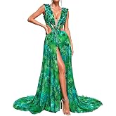 Red Maxi Beach Squin Printed Floral Dress for Women Summer Chiffon Cut Out Backless Deep V Neck Vacation Dress