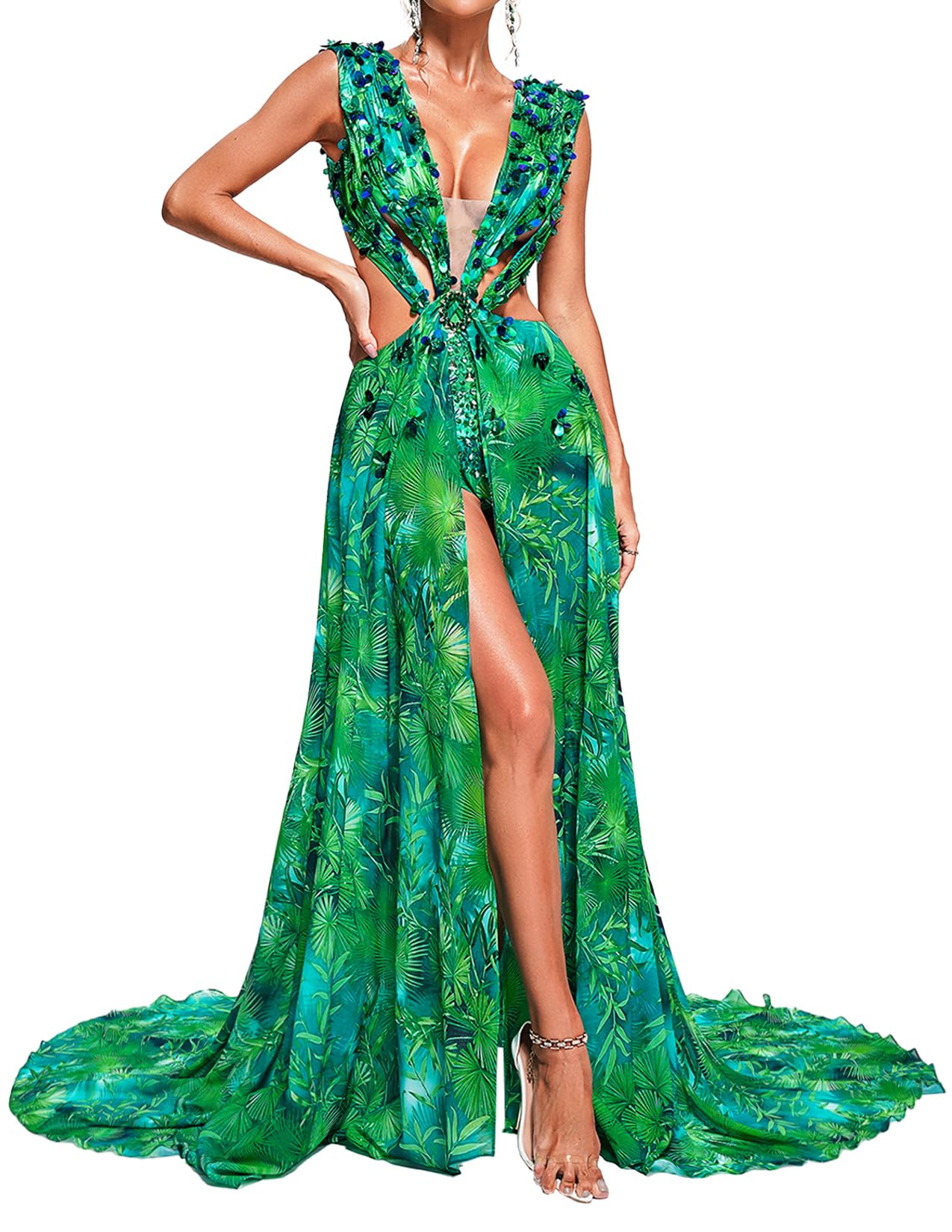 Photo 1 of (small) Green Romantic Maxi Beach Dress Stunning Squin Printed Floral Dress for Women Summer Deep V Neck Chiffon Vacation Dress Cut Out Backless Dress S
