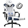 Vigosit Gaming Chair PRO, Ergonomic Gaming Chairs for Adults Heavy People, Massage Office Desk Computer Chair with Footrest and Lumbar Support, Big Tall Mesh Gamer Chair with Cushion (White Blue)