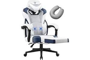 Vigosit Gaming Chair PRO, Ergonomic Gaming Chairs for Adults Heavy People, Massage Office Desk Computer Chair with Footrest and Lumbar Support, Big Tall Mesh Gamer Chair with Cushion (White Blue)