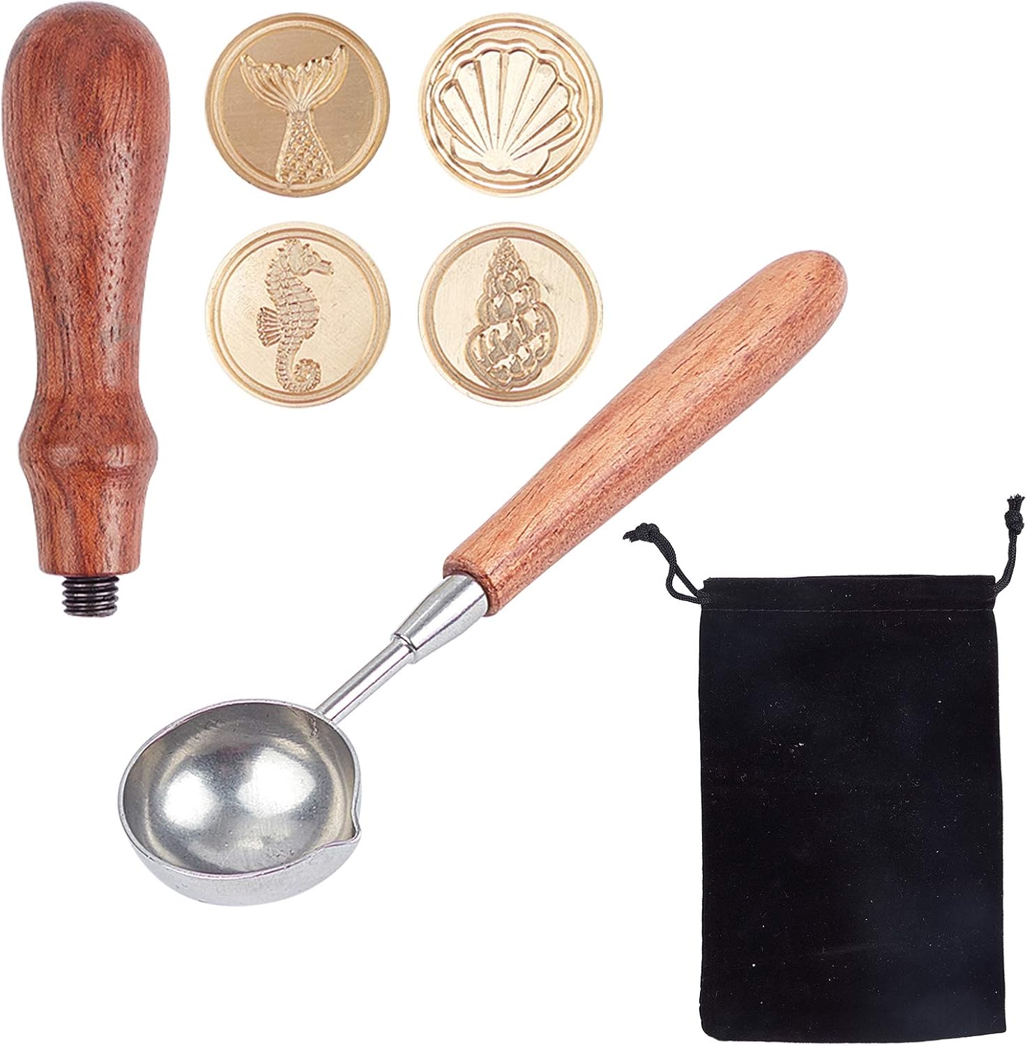 CRASPIRE Ocean Theme Wax Seal Stamp Kit Shell Seahorses Sealing Wax Stamps Brass Heads Wood Handle Black Velvet Pouch Conch Sea Animals Retro Brass Stamp Kit for Letter Envelope Card Gift Decoration