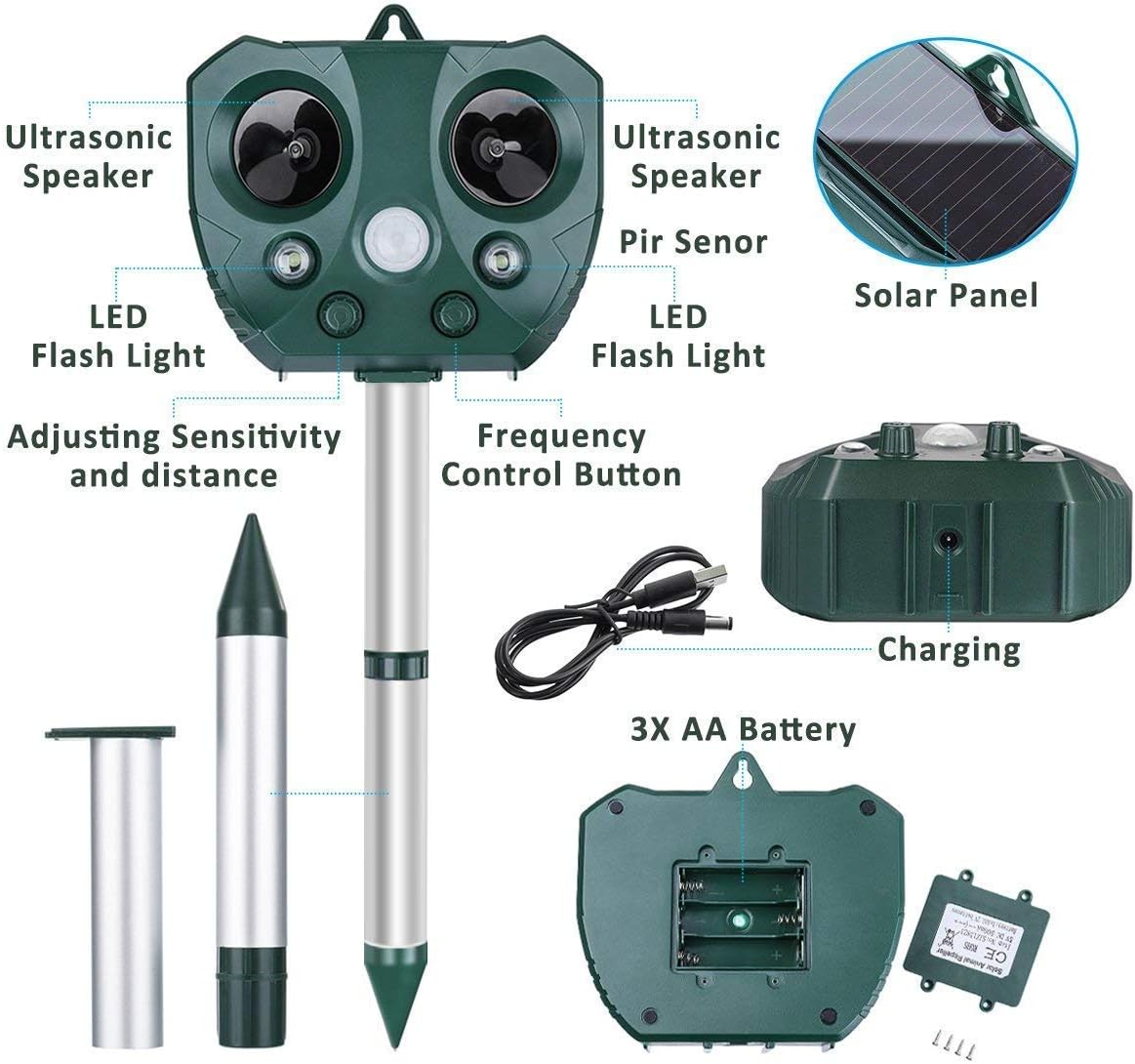 Ultrasonic Dog Chaser, Animal Deterrent with Motion Sensor and Flashing Lights Outdoor Solar Farm Garden Yard Repellent, Dogs, Cats, Birds, Squirrel, Raccoon, Skunk, Rat, Mole, Deer, Rabbit : Garden & Outdoor