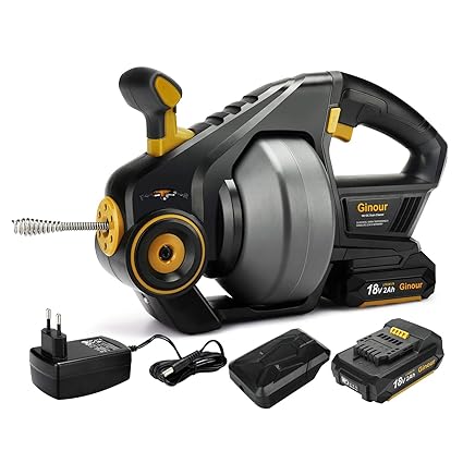Ginour Rohrreinigungsgerät 18V 2000mAh Li-Ion 7m flexible Welle, Rohrreinigungsspirale für 19-50 mm im Durchmesser mit LED, v