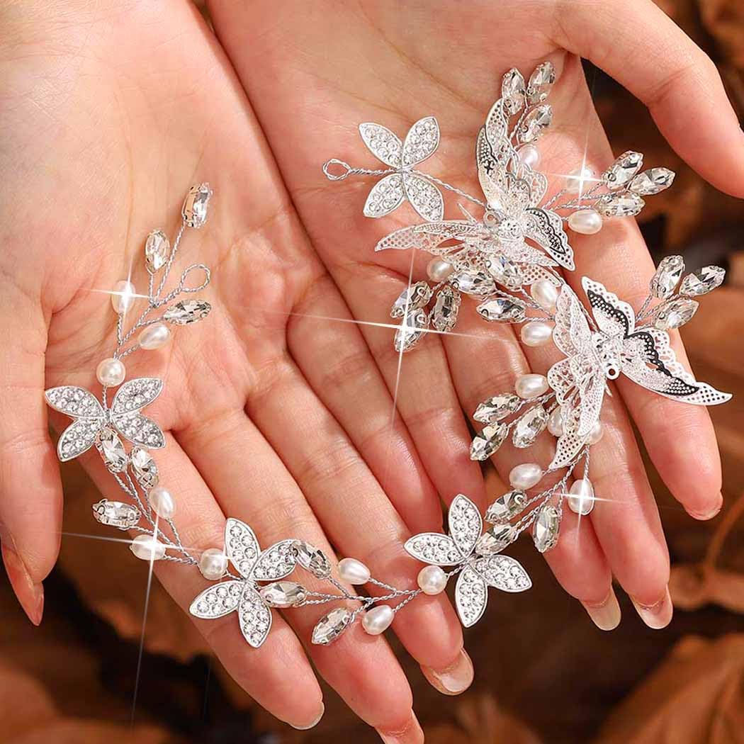 Unicra Butterfly Bride Wedding Hair Vine Silver Crystal Hair Accessories Pearl Bridal Headband Headpiece for Women and Bridesmaid