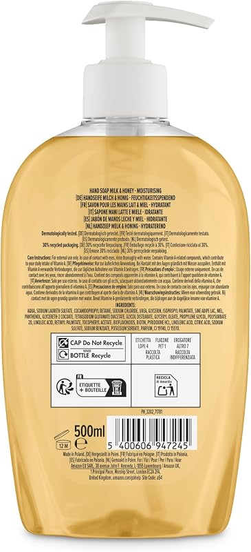 , Sapone per le mani al latte e miele, 4 x 500 ml