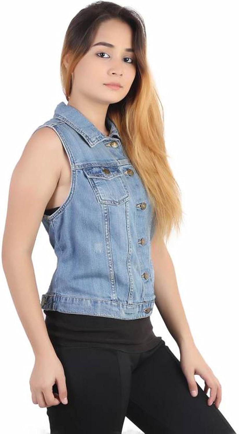 g.s.a enterprises denim solid light blue sleeveless regular collar women jacket