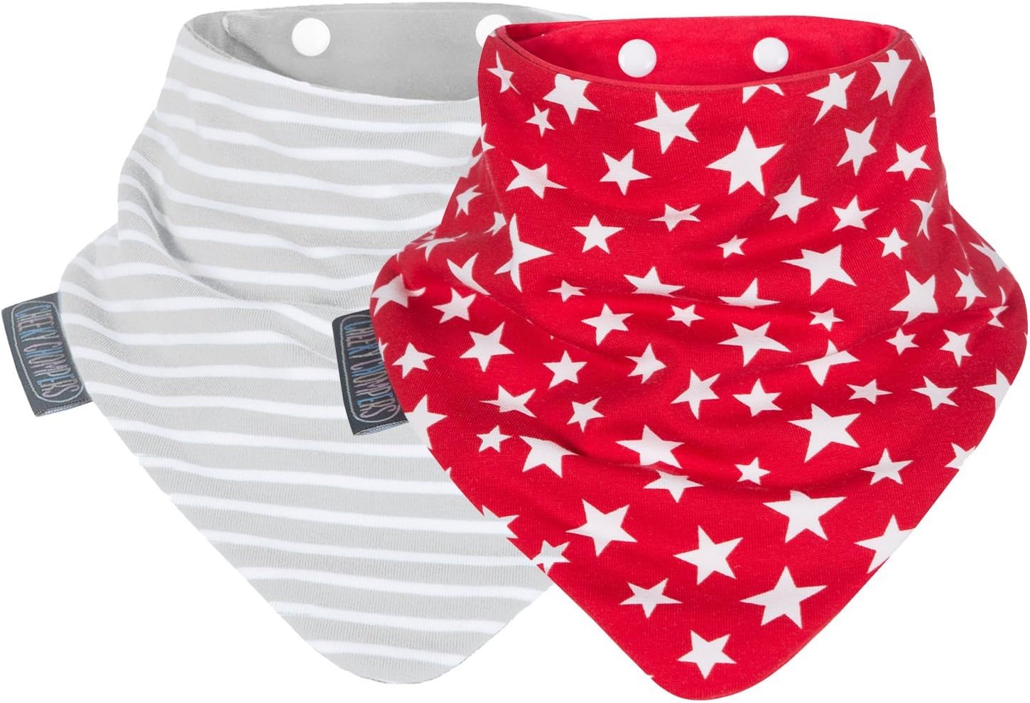 Cheeky Chompers, Neckerbib Twin Pack, Grey Stripes and Red Stars - Bandana Bib