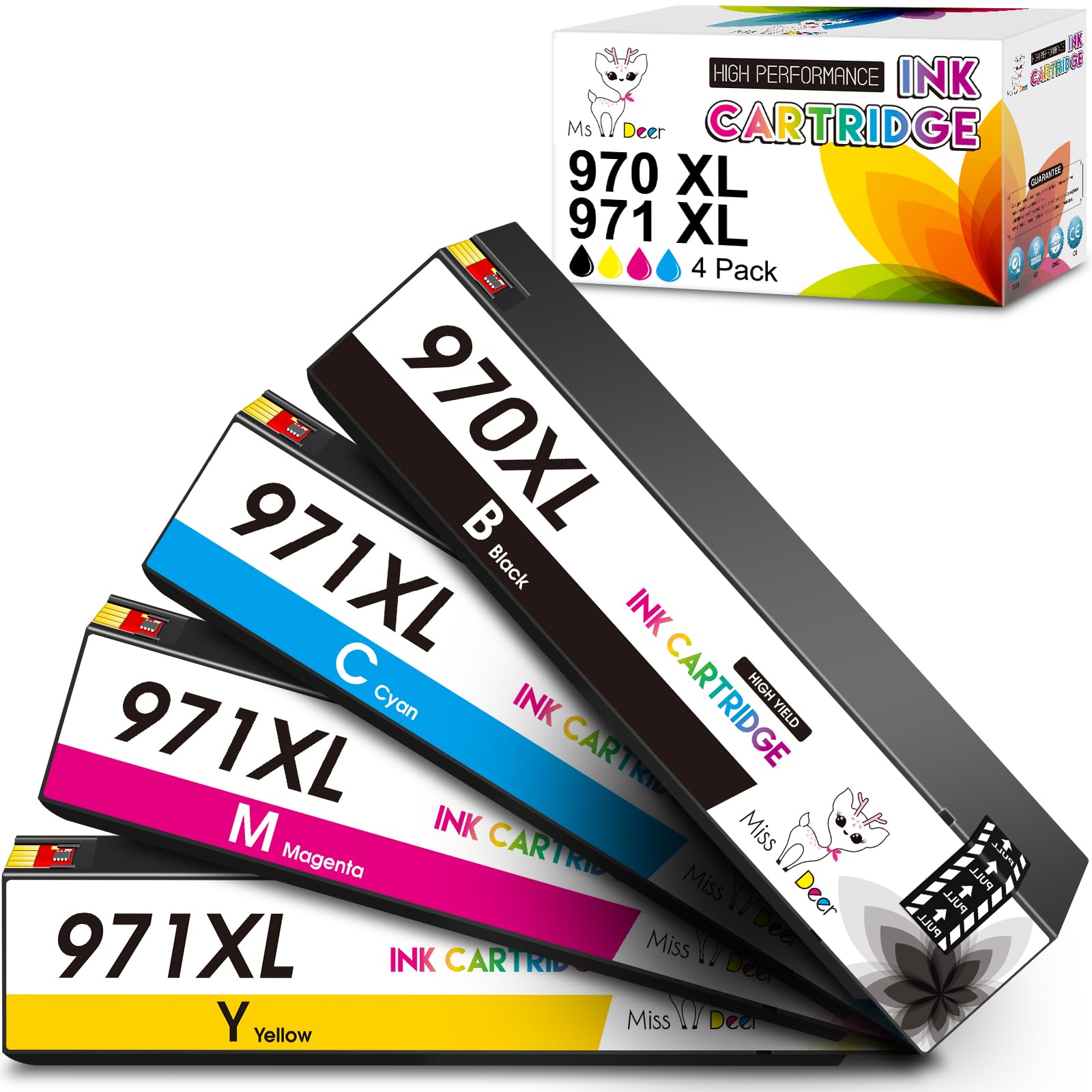 Photo 1 of MS DEER 970XL 971XL Ink Cartridges, Compatible Replacement for HP 970 971 XL HP970 HP971 for HP OfficeJet Pro X576dw X476dw X451dw X451dn X551dw X476dn MFP Printer (4-Pack, Black Cyan Magenta Yellow)
