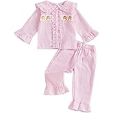 VISGOGO Toddler Girl Christmas Outfits Long Sleeve Holly Jolly Pullover + Bow Tree Print Flare Pants 2 Pcs Clothes Set