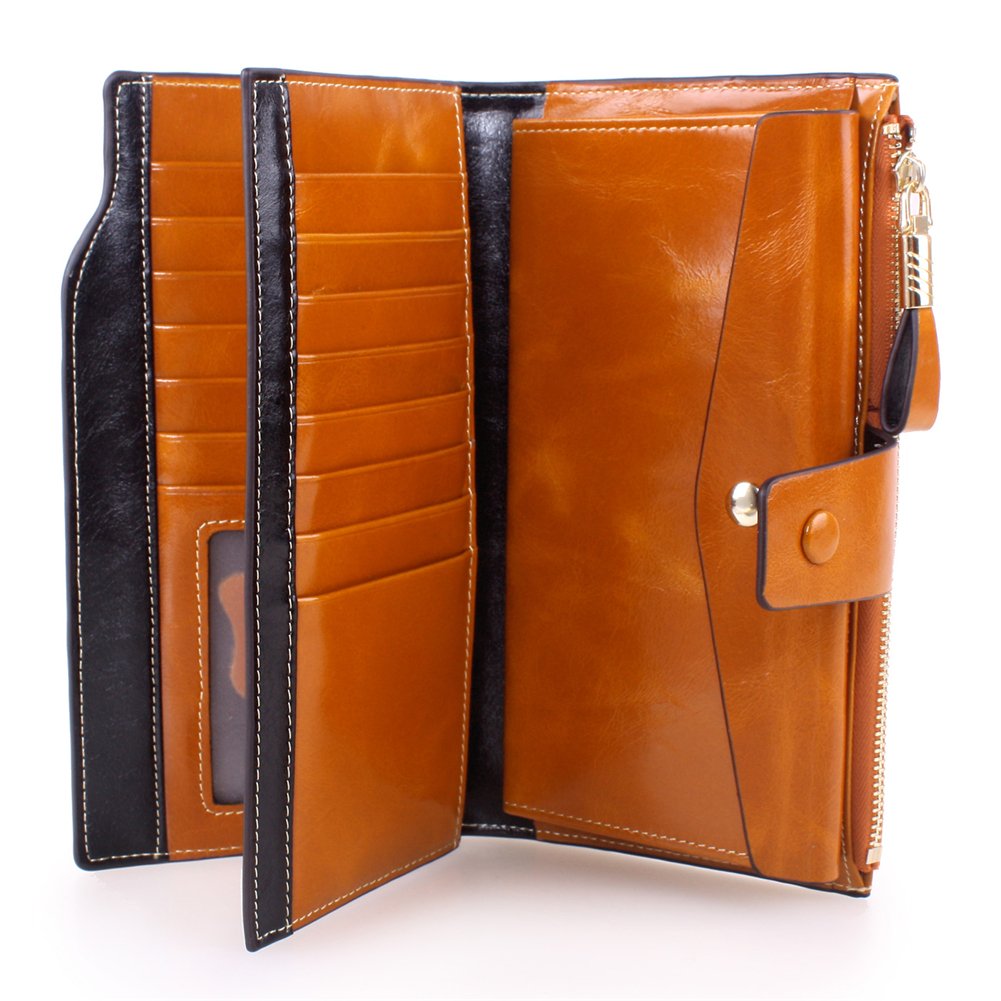 Kangming Women Leather Long Wallet Ladies Zipper Clutch Purse Credit Card Phone Holder (Brown)