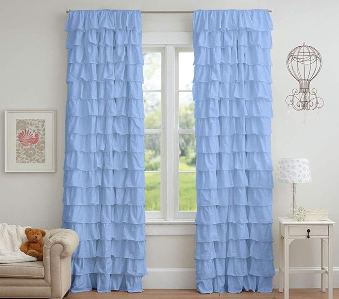 Buy Dekor World 2 Piece Cotton Sky Blue Ultimate Ruffle Rod Curtain Set110x150cm (4x5Feet
