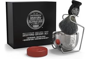 SHAVING REVOLUTION Luxury Shaving Brush Set - Shaving Kit for Men Includes Badger Hair Shaving Brush, Shaving Soap, Stainless Steel Shaving Bowl, Safety Stand