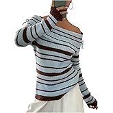 GORGLITTER Women's Off The Shoulder Striped Sweater Foldover Long Sleeve Knit Sweaters Going Out Fall Tops