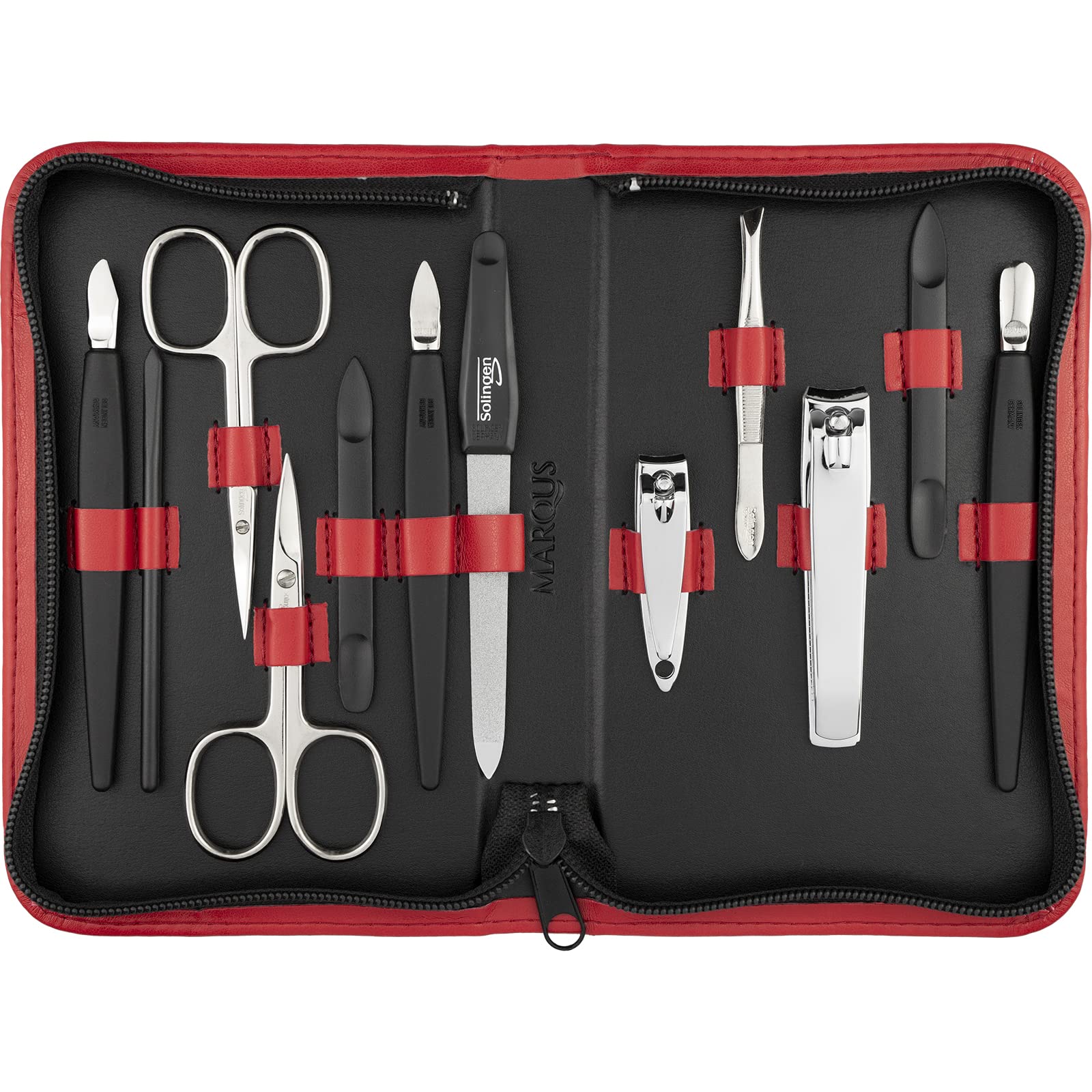 Solingen Manicure Set for Women and Men - 12 pcs kit - made in Germany incl. nailclippers & pedicure tools - Fashion leather case ideal for travelling, red
