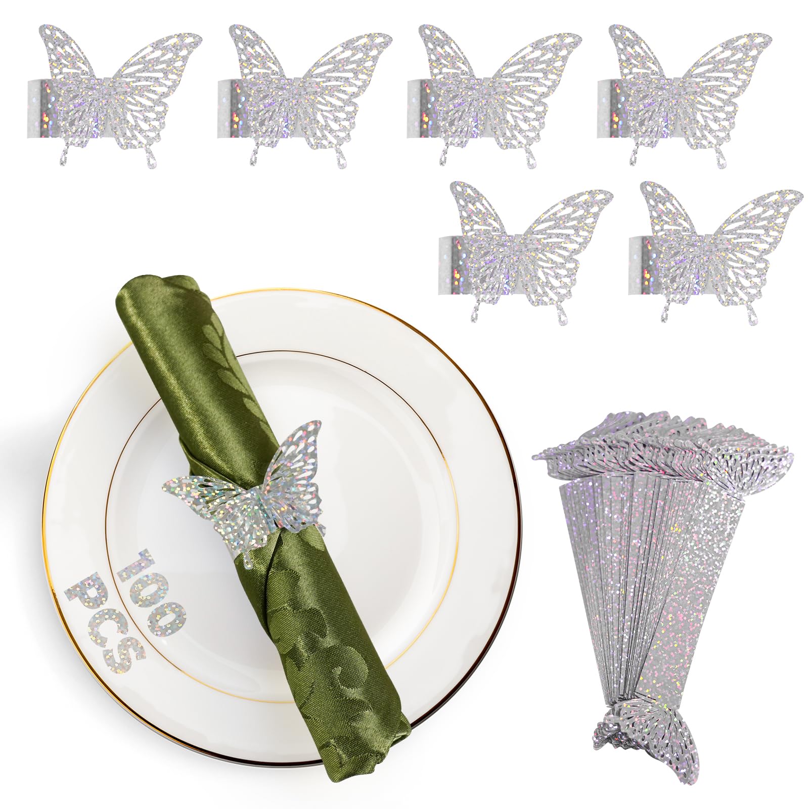Photo 1 of 100 Pcs 3D Silver Iridescent Butterfly Napkin Rings Silverware Wraps Bands,Table Setup Sequined Wedding Valentines Day Event Party Supply Settings, Glossy Serviette Buckles Decoration(Silver)