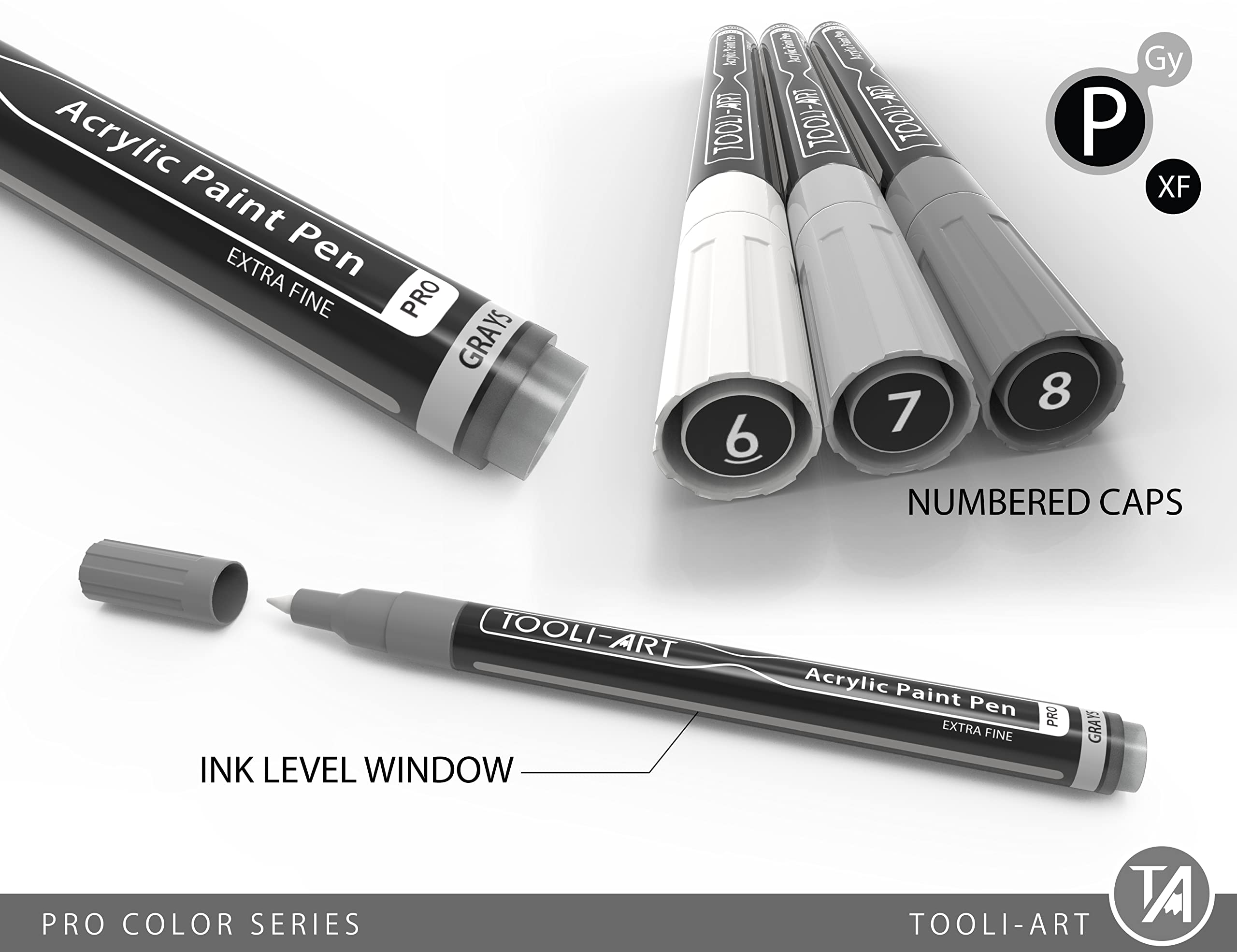 Acrylic Paint Pens 22 Gray Tones Assorted Pro Color Series Markers Set 0.7mm Extra Fine Tip for Rock Painting, Glass, Mugs, Wood, Metal, Canvas, Projects, Non Toxic, Waterbased, Quick Drying